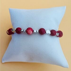Elegant Red Beaded Bracelet with silver plated hearts design